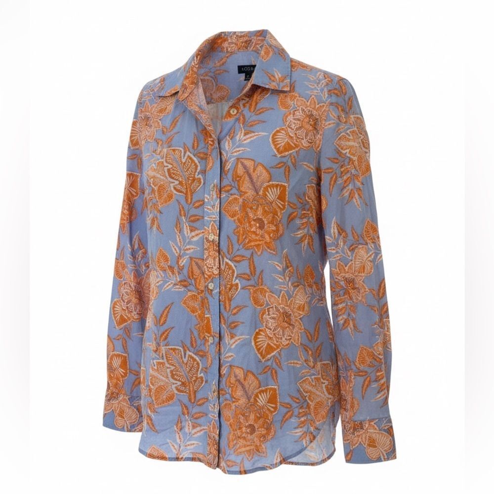 Talbots Vibrant Orange and Blue Leaf Print Long Sleeve Blouse - Size Small